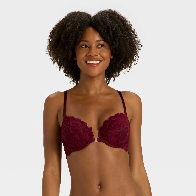 slide 1 of 5, Women's Lace Front-Close Push-Up Plunge Bra - Auden™ Berry Red 36C, 1 ct