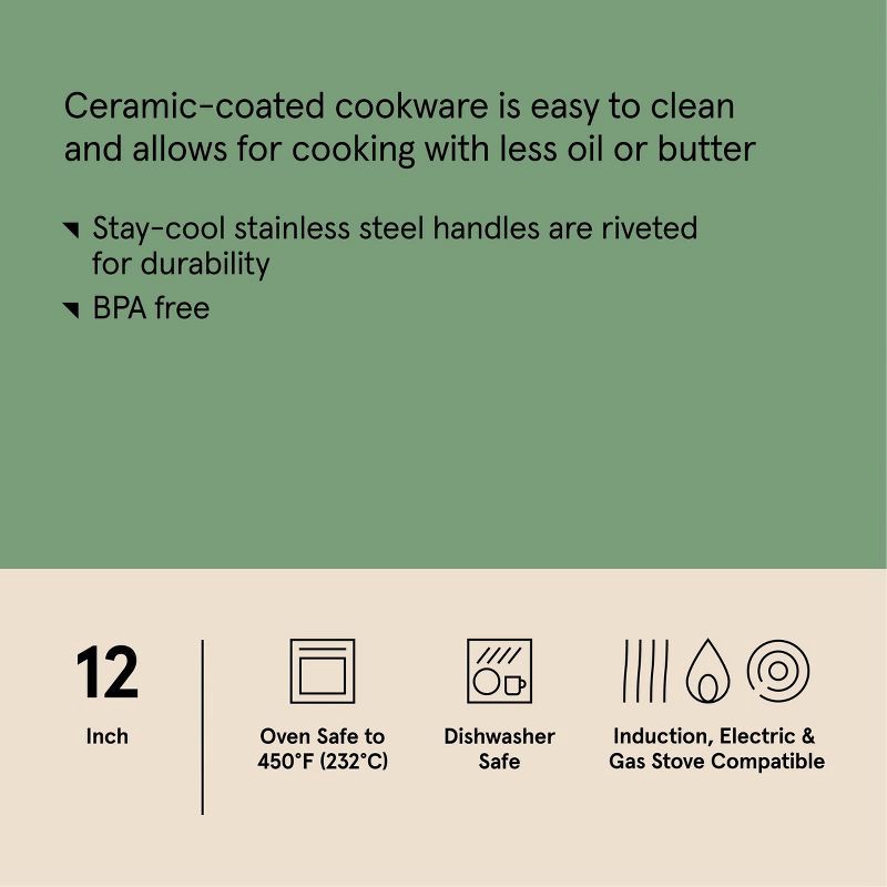 slide 6 of 7, 12" Nonstick Ceramic Coated Stainless Steel Frying Pan with Cover - Figmint™, 1 ct