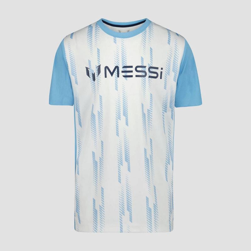 slide 1 of 2, Messi Boys' Interlock Striped Shirt - Blue/White S, 1 ct
