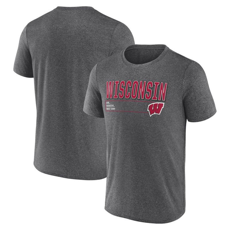 slide 3 of 3, NCAA Wisconsin Badgers Men's Charcoal Heather Poly T-Shirt - S, 1 ct