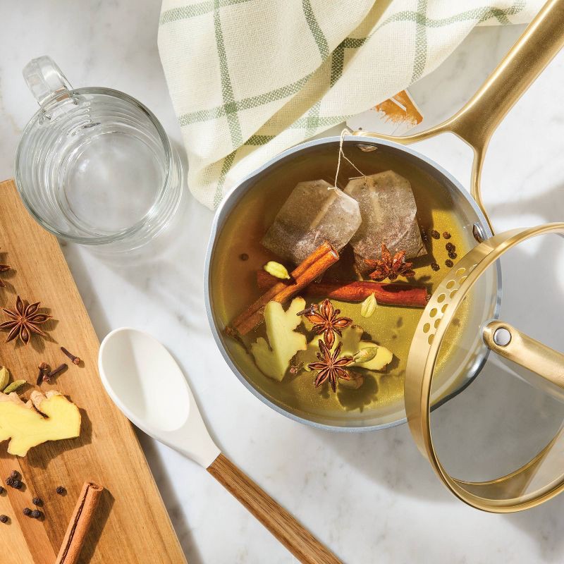 slide 2 of 8, 1.5qt Nonstick Ceramic Coated Aluminum Sauce Pan with Champagne Handle Cream - Figmint™, 1.5 qt