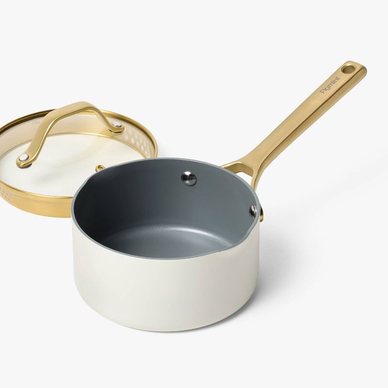 slide 3 of 8, 1.5qt Nonstick Ceramic Coated Aluminum Sauce Pan with Champagne Handle Cream - Figmint™, 1.5 qt