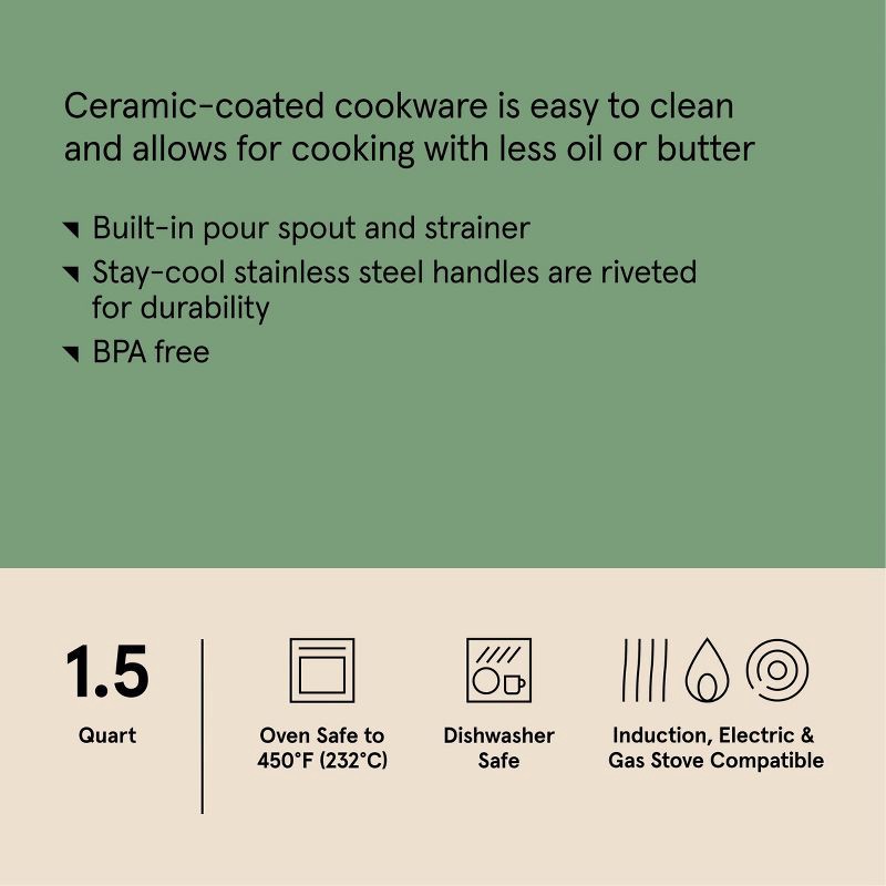 slide 7 of 8, 1.5qt Nonstick Ceramic Coated Aluminum Sauce Pan with Champagne Handle Cream - Figmint™, 1.5 qt