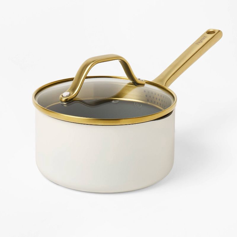 slide 1 of 8, 1.5qt Nonstick Ceramic Coated Aluminum Sauce Pan with Champagne Handle Cream - Figmint™, 1.5 qt