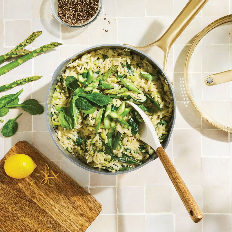 slide 2 of 8, 3qt Nonstick Ceramic Coated Aluminum Sauce Pan with Champagne Handle Cream - Figmint™, 3 qt