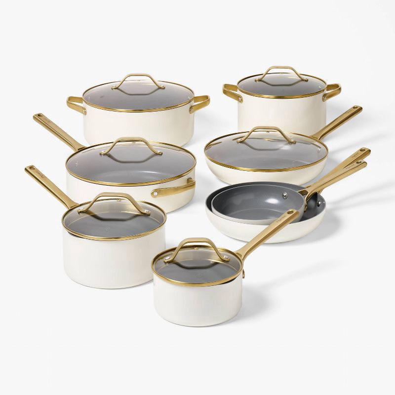 slide 6 of 8, 3qt Nonstick Ceramic Coated Aluminum Sauce Pan with Champagne Handle Cream - Figmint™, 3 qt