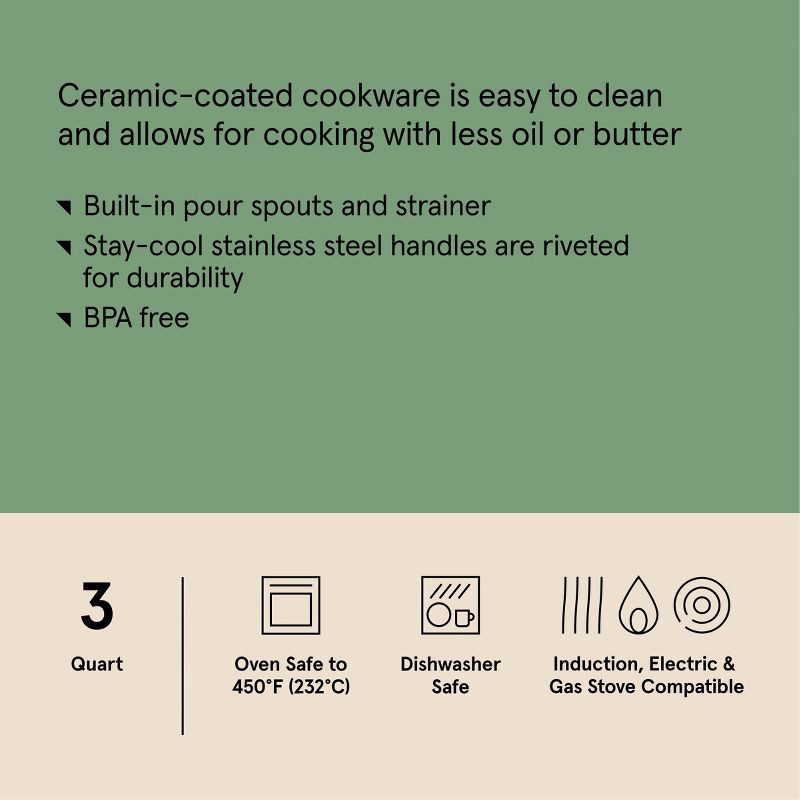 slide 7 of 8, 3qt Nonstick Ceramic Coated Aluminum Sauce Pan with Champagne Handle Cream - Figmint™, 3 qt
