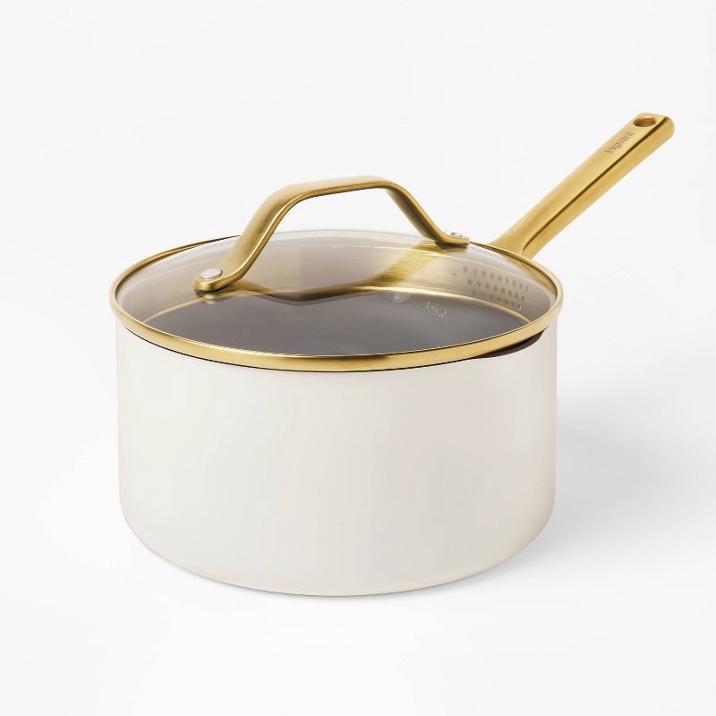 slide 1 of 8, 3qt Nonstick Ceramic Coated Aluminum Sauce Pan with Champagne Handle Cream - Figmint™, 3 qt