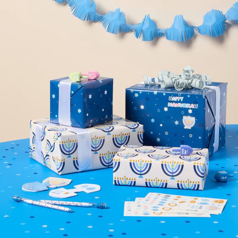 slide 2 of 3, 240"x30" Bulk Hanukkah Star and Dot Gift Wrapping Paper Blue - Spritz™, 1 ct