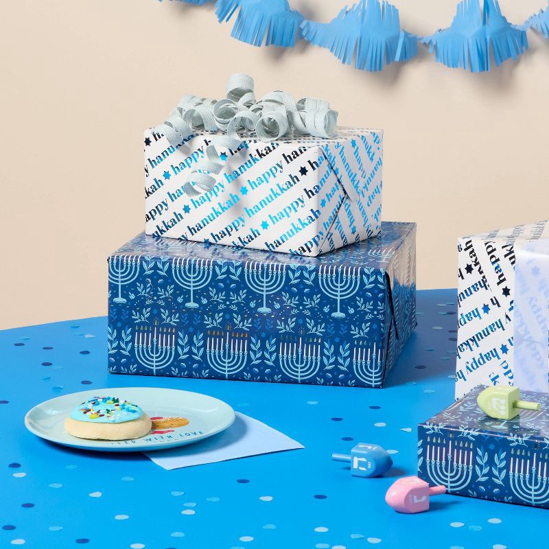 slide 2 of 3, 96"x30" Premium Elevated Hanukkah Menorah Gift Wrapping Paper Blue - Spritz™, 1 ct
