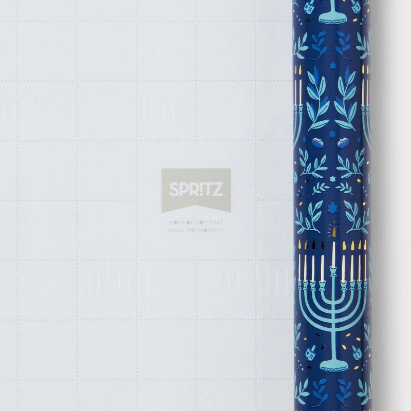 slide 3 of 3, 96"x30" Premium Elevated Hanukkah Menorah Gift Wrapping Paper Blue - Spritz™, 1 ct