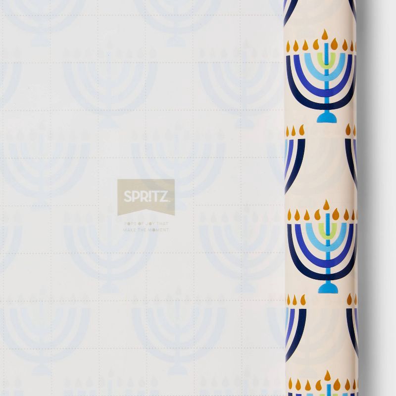 slide 3 of 3, 240"x30" Bulk Hanukkah Menorah Gift Wrapping Paper White/Blue - Spritz™, 1 ct