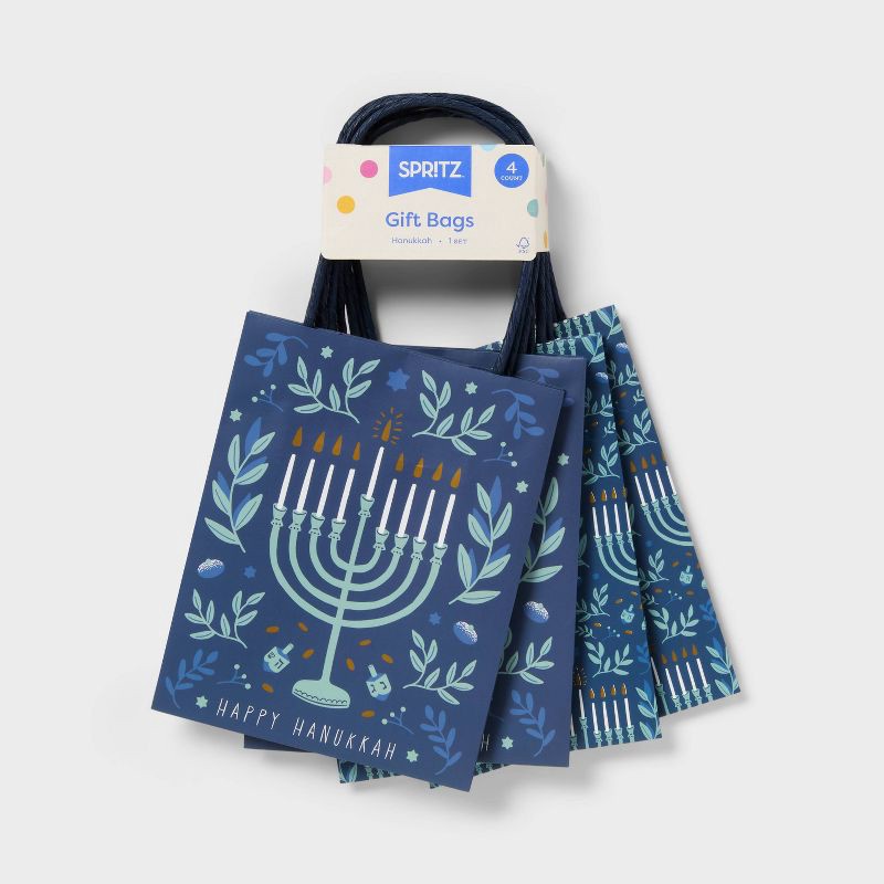 slide 3 of 3, 4pk Small Hanukkah Menorah Gift Bags Blue - Spritz™, 4 ct