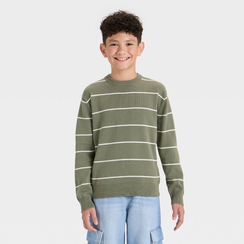 slide 1 of 3, Boys' Striped Pullover Sweater - Cat & Jack™ Olive Green/Cream L, 1 ct