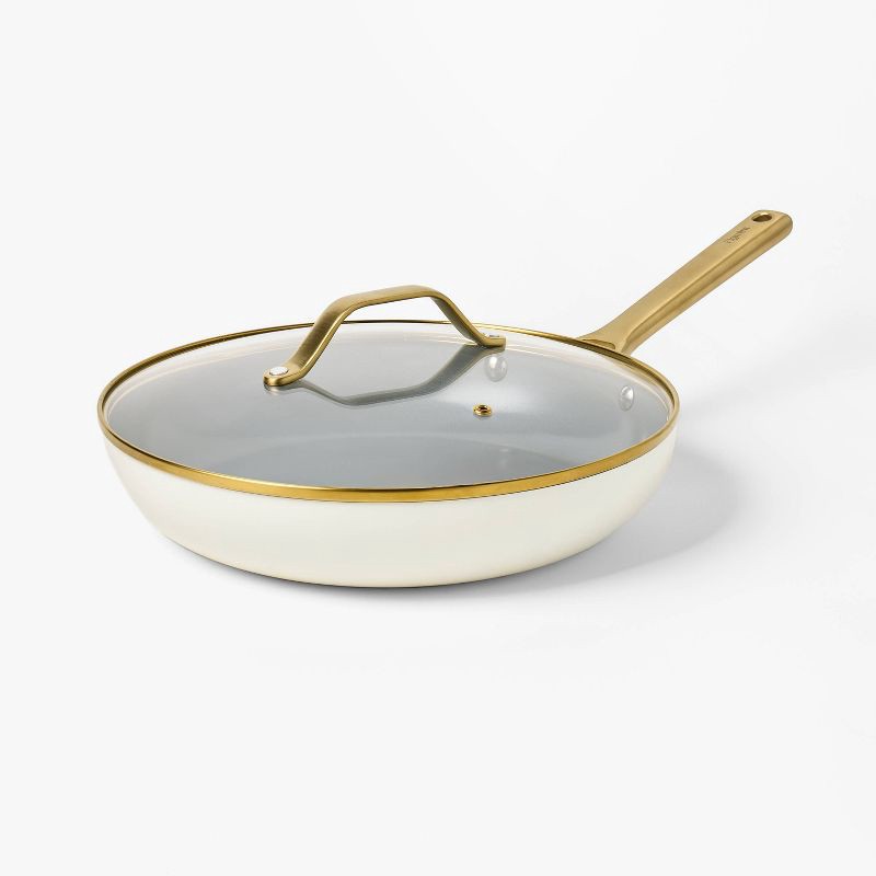 slide 1 of 8, 12" Nonstick Ceramic Coated Aluminum Frying Pan with Cover with Champagne Handle Cream - Figmint™, 1 ct
