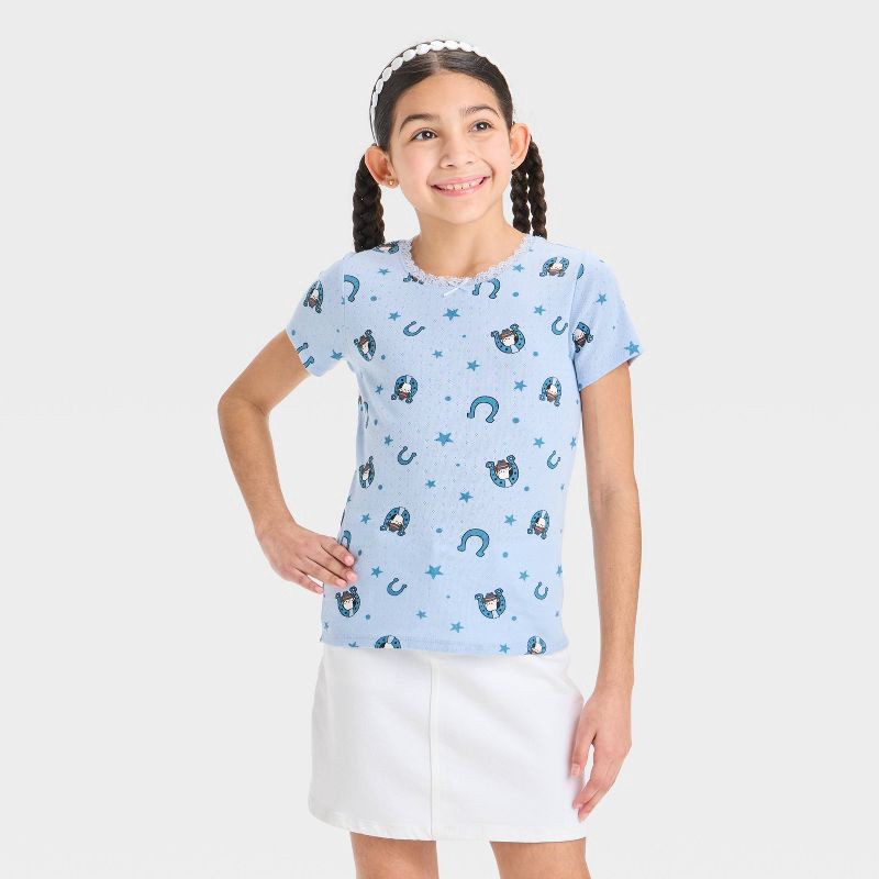slide 1 of 3, Girls' Squishmallows Pointelle Short Sleeve T-Shirt - Blue XS: Cotton-Polyester Blend, Graphic Tee, 1 ct