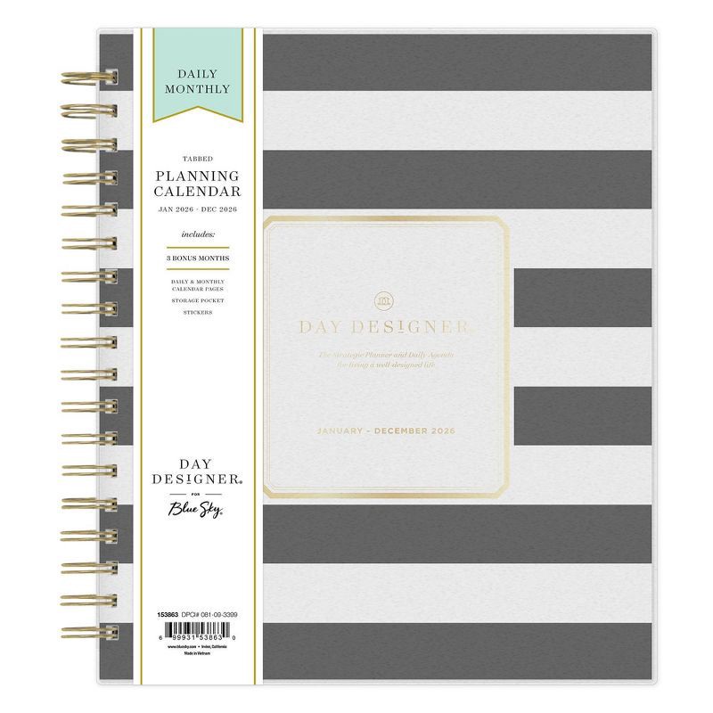 slide 3 of 14, Blue Sky Day Designer 2026 Daily/Monthly Planning Calendar 8"x10" Rugby Stripe Black Frosted, 1 ct