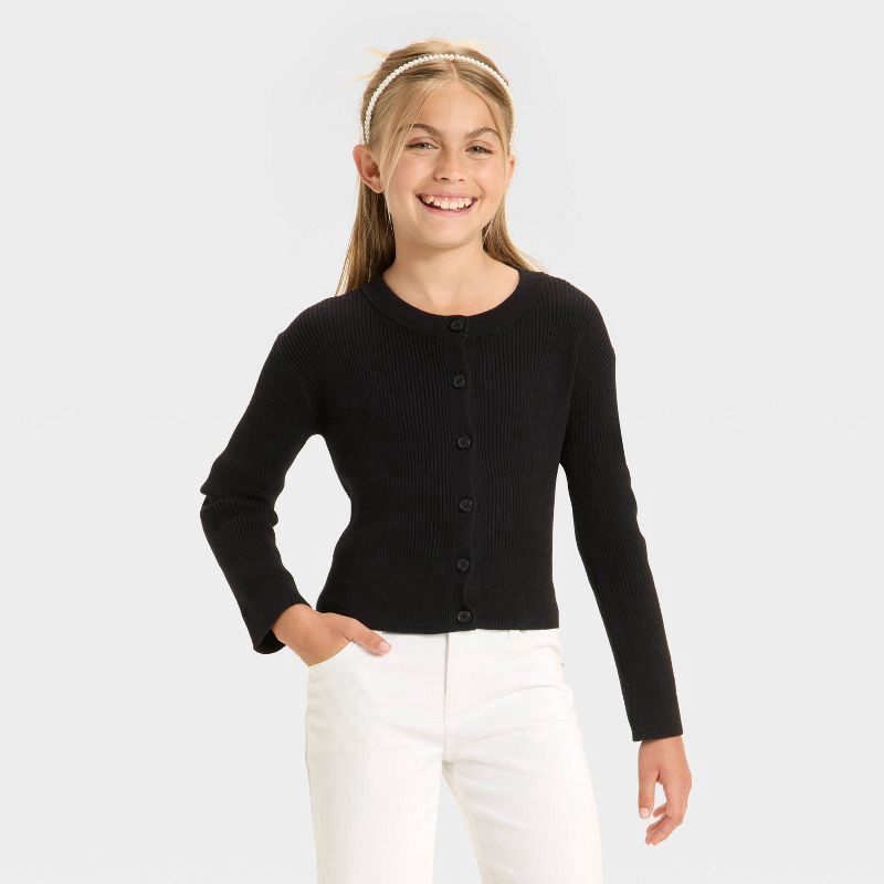slide 1 of 3, Girls' Long Sleeve Ribbed Cardigan Sweater - Cat & Jack™ Black S, 1 ct