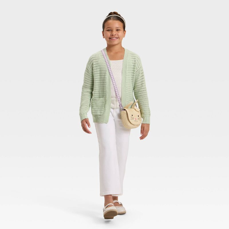 slide 3 of 3, Girls' Pointelle Cardigan - Cat & Jack™ Light Sage Green M, 1 ct