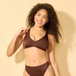 Women's Shiny Ribbed Plunge V-Neck Bralette Bikini Top - Shade & Shore™ Brown S