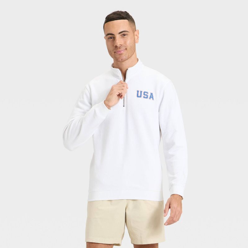 slide 1 of 3, Men's USA Fleece 1/4 Zip Sweatshirt - Goodfellow & Co™ White L, 1 ct