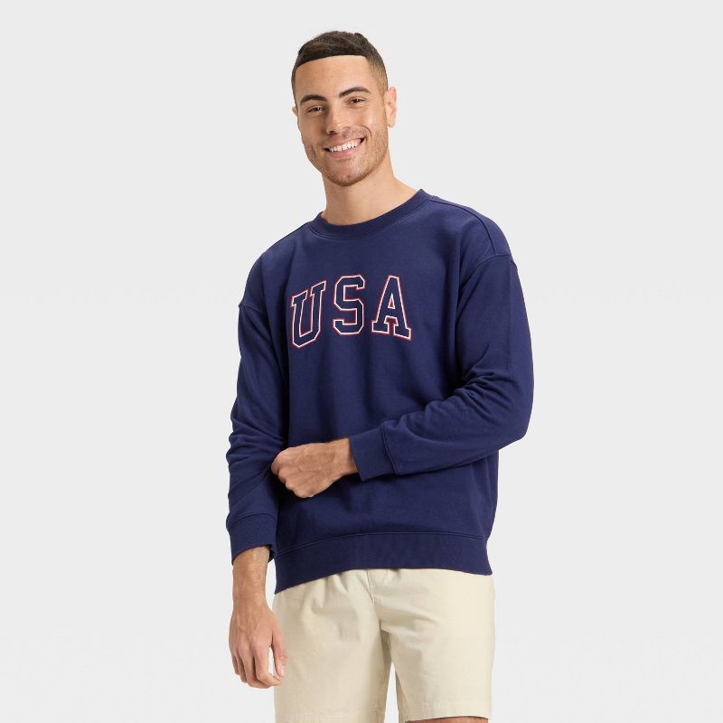 slide 1 of 3, Men's USA Fleece Crewneck Sweatshirt - Goodfellow & Co™ Navy Blue M, 1 ct