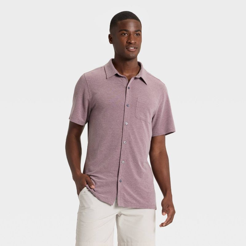 slide 1 of 3, Men's Short Sleeve Button Down Shirt - All In Motion™ Burgundy M, 1 ct