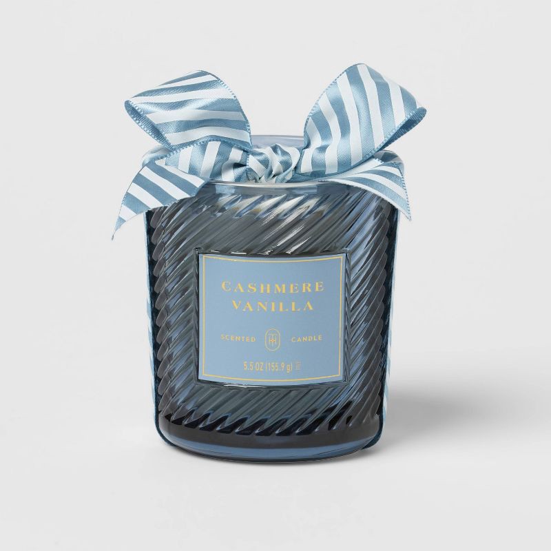slide 1 of 4, Swirled Glass Cashmere Vanilla Jar Candle Sky Blue 5.5oz - Threshold™, 5.5 oz