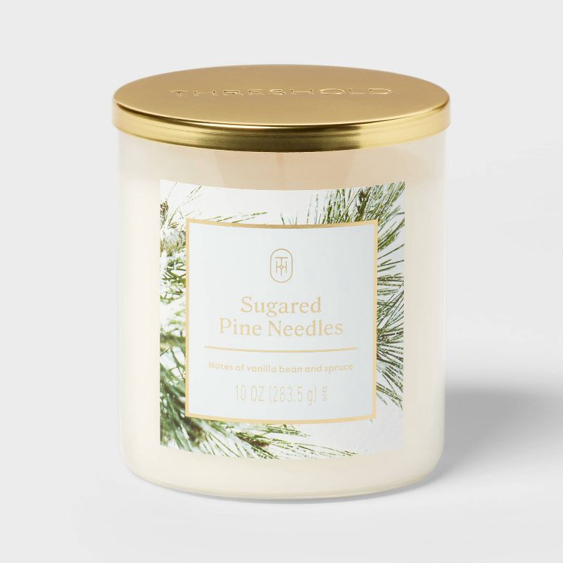 slide 1 of 3, Lidded Glass Sugared Pine Needles Jar Candle 10oz - Threshold™, 10 oz
