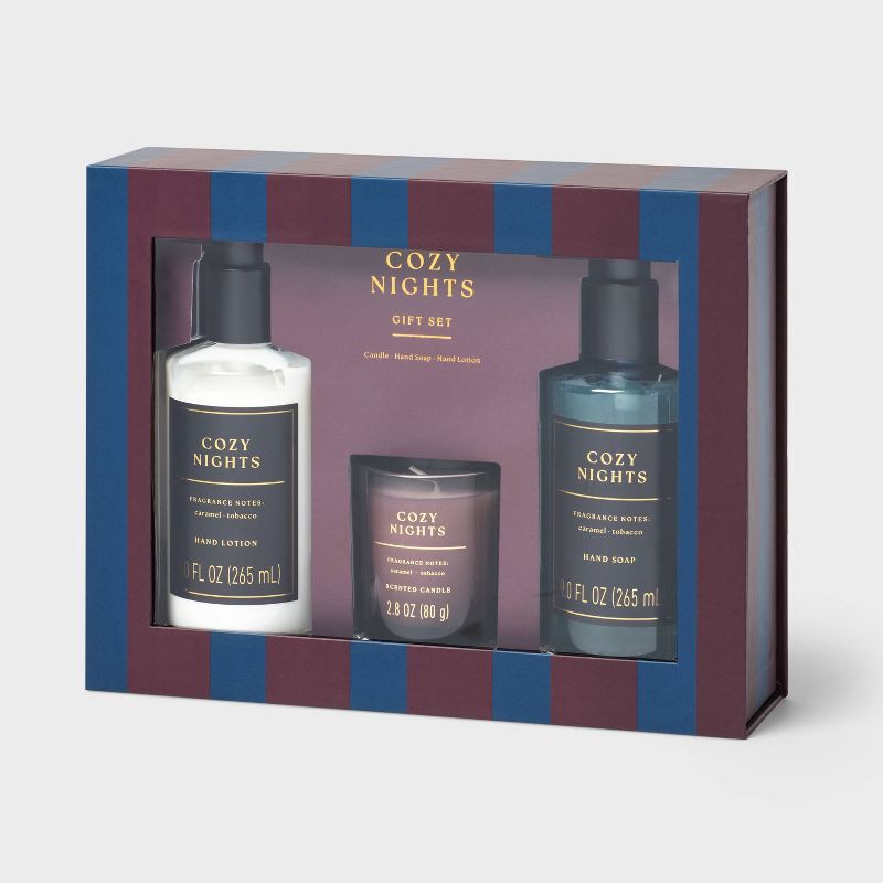 slide 1 of 3, 3pc Cozy Nights Personal Care Hand Soap and Lotion Candle Gift Set Dark Blue -Threshold™, 3 ct