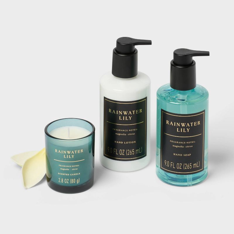 slide 3 of 3, 3pc Rainwater Lily Personal Care Hand Soap and Lotion Candle Gift Set Blue - Threshold™, 3 ct