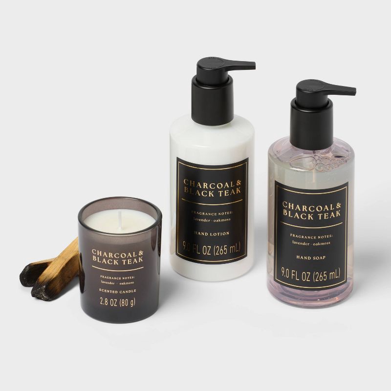 slide 3 of 3, 3pc Charcoal and Black Teak Personal Care Hand Soap and Lotion Candle Gift Set Light Purple - Threshold™, 3 ct