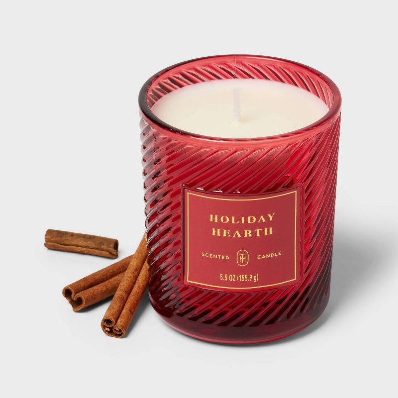 slide 3 of 4, Swirled Glass Holiday Hearth Jar Candle Red 5.5oz - Threshold™, 5.5 oz