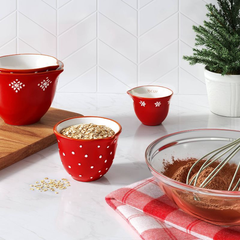 slide 2 of 3, 4pc Christmas Stoneware Giftable Measuring Cup Set Red/White - Wondershop™, 4 ct