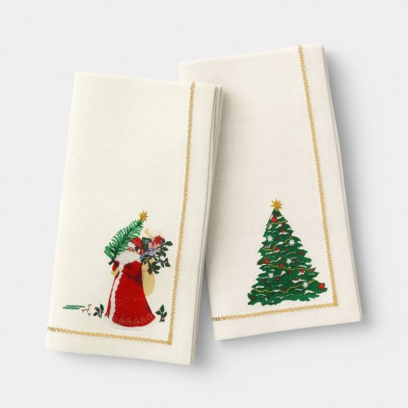 slide 1 of 4, 2pk Embroidered Christmas Santa/Tree Napkins White - Threshold™, 2 ct
