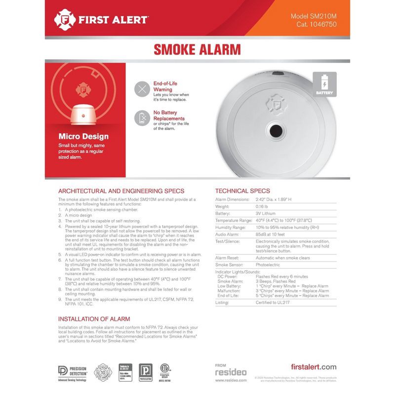 slide 5 of 7, First Alert 8E Photo Micro Smoke Detector 10 Year Battery, 1 ct
