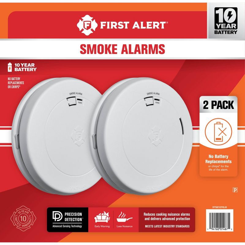 slide 6 of 8, First Alert 2pk 10-Year Battery Photoelectric Smoke Alarm with Slim Profile, 2 ct