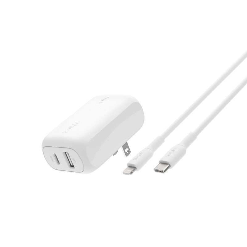 slide 1 of 6, Belkin 42W Wall Charger C-Lightning Bundle - White: Compatible with Samsung & iPhone, 1 ct