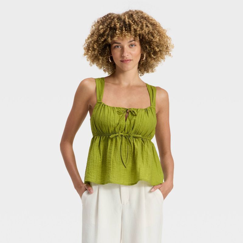slide 1 of 3, Women's Textured Tie-Front Tank Top - A New Day™ Green M, 1 ct