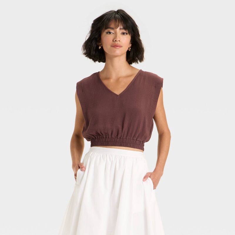 slide 1 of 3, Women's Modern Gauze V-Neck Blouse - A New Day™ Brown L, 1 ct