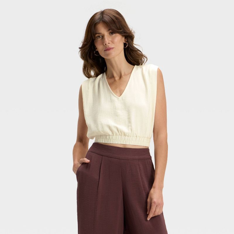 slide 1 of 3, Women's Modern Gauze V-Neck Blouse - A New Day™ Cream L, 1 ct