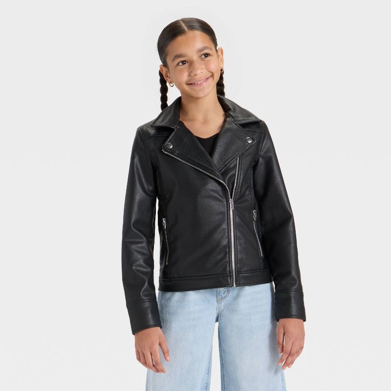 slide 1 of 3, Girls' Faux Leather Moto Jacket - art class™ Black S, 1 ct