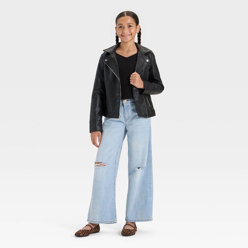 slide 3 of 3, Girls' Faux Leather Moto Jacket - art class™ Black M, 1 ct