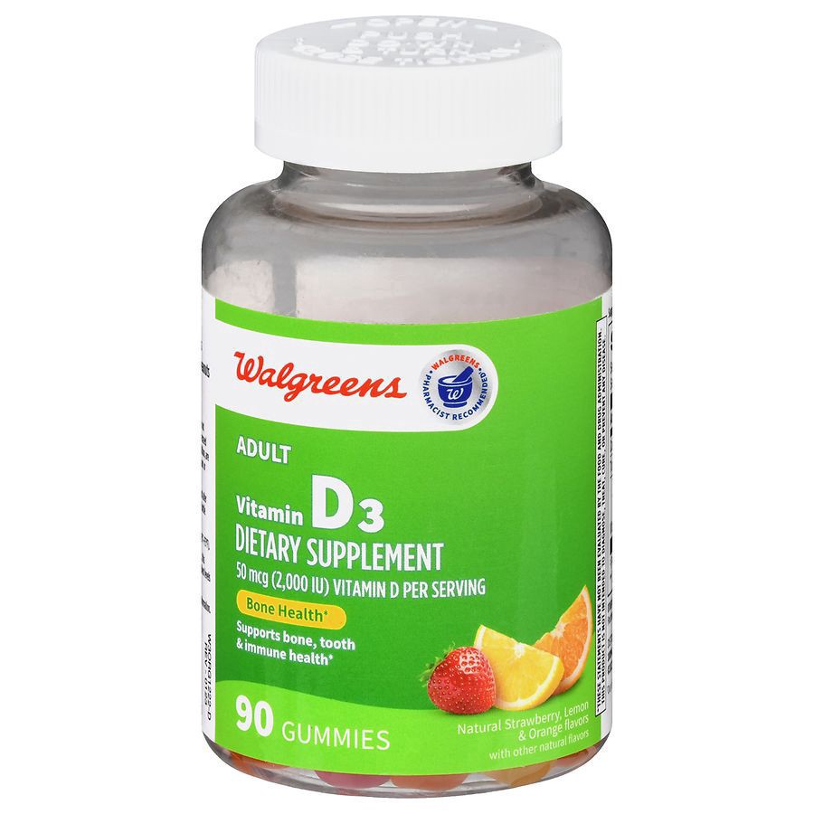 slide 1 of 5, Walgreens Adult Vitamin D3 50 mcg (2,000 IU) Gummies Natural Strawberry, Lemon & Orange, 90 ct