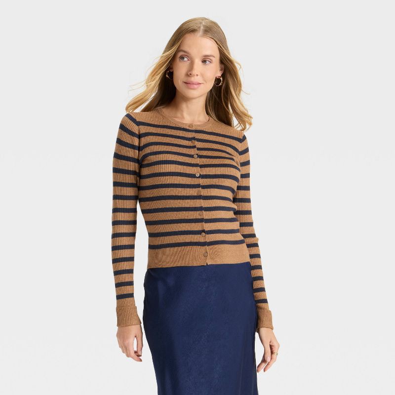 slide 1 of 3, Women's Ribbed Cuff Cardigan Sweater - A New Day™ Brown/Navy Striped XS, 1 ct