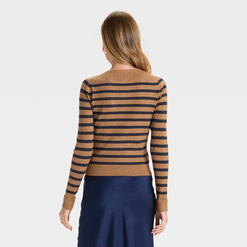 slide 2 of 3, Women's Ribbed Cuff Cardigan Sweater - A New Day™ Brown/Navy Striped L, 1 ct