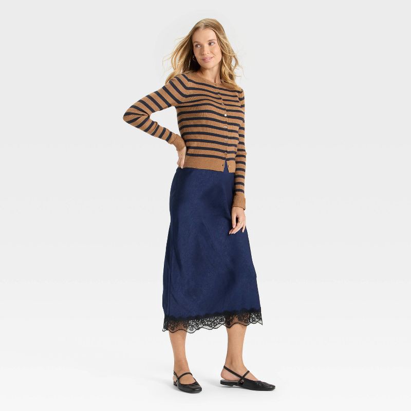 slide 3 of 3, Women's Ribbed Cuff Cardigan Sweater - A New Day™ Brown/Navy Striped XL, 1 ct