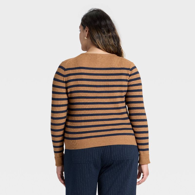 slide 2 of 3, Women's Ribbed Cuff Cardigan Sweater - A New Day™ Brown/Navy Striped XXL, 1 ct
