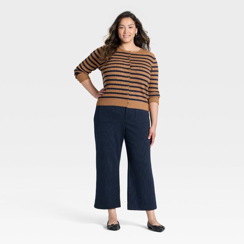 slide 3 of 3, Women's Ribbed Cuff Cardigan Sweater - A New Day™ Brown/Navy Striped XXL, 1 ct