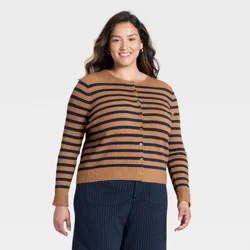 Women's Ribbed Cuff Cardigan Sweater - A New Day™ Brown/Navy Striped XXL